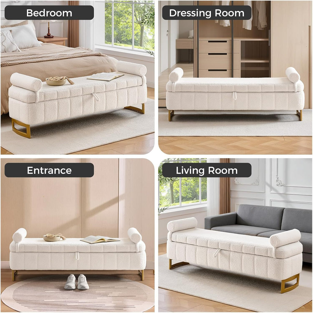 Storage Bench ,63" End of Bed Bench Foot of Bed King Cream White | Upholstered Storage Benches for Foot of Bed Modern