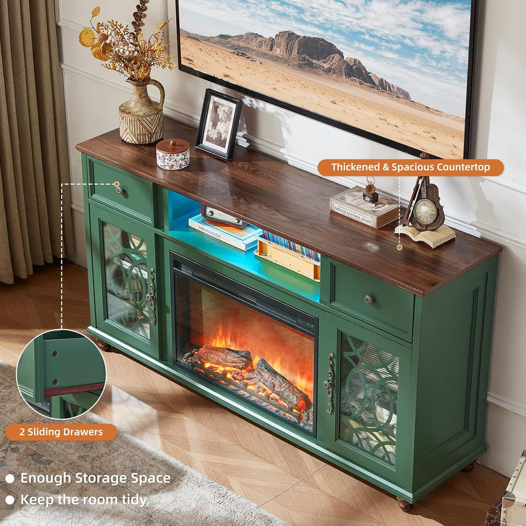 59 Inch Farmhouse Fireplace TV Stand for TVs up to 65 Inches, Entertainment Center with Electric Fireplace, LED Lights, Glass Doors, Storage Drawers, Green