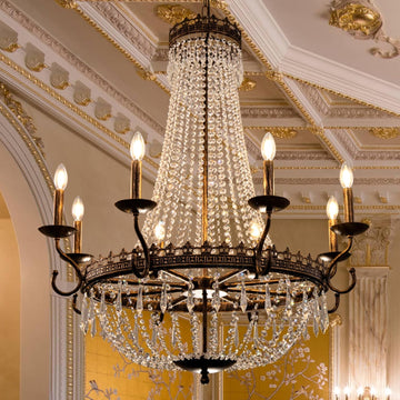 Crystal Chandeliers, Vintage French Empire Chandelier 8 Lights, Farmhouse Dining Room Light Fixture, Rustic High Ceiling Chandelier for Living Room, Foyer, Staircase, Bronze, 36.4" D x 40.5" H
