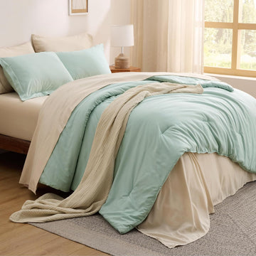 Comforter Set - 7 Pieces Sage Green Bedding Set for All Seasons