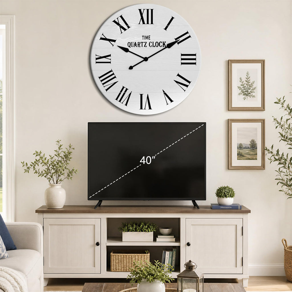 35.5" Extra Large Farmhouse Wall Clock, Solid Wood Veneer, White