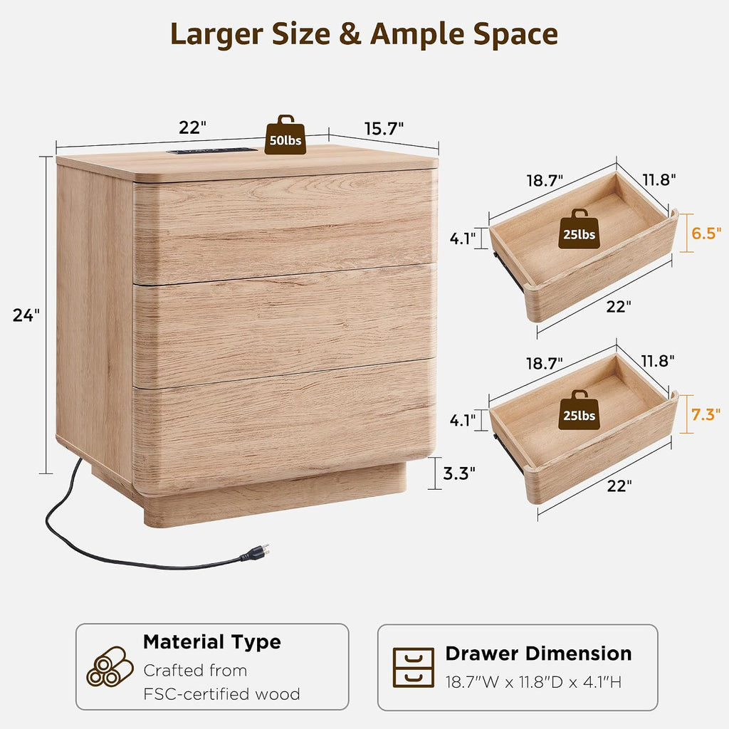 22" Modern Nightstand with Charging Station, Push-to-Open Handleless 3-Drawer Bedside Table, Large End Table with