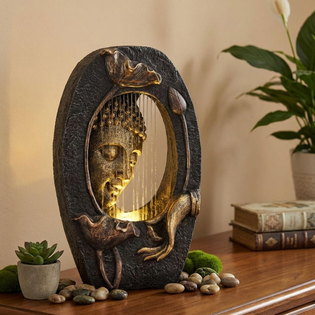 Water Fountain Indoor with LED Light and Pump Decor,Floor Buddha Statue Resin with Waterfalls,Tall Zen Garden Statues