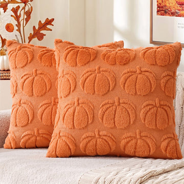 Fall Orange Pumpkin Faux Fur Throw Pillow Covers 16x16 Set of 2