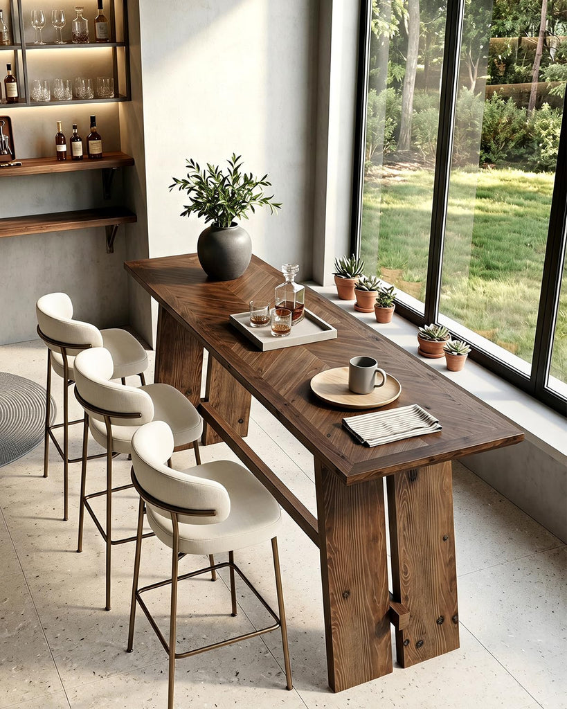 Solid Wood Bar Table, 61" Counter Height Table with Parquet Design Tabletop, Modern Farmhouse Kitchen Bar Table