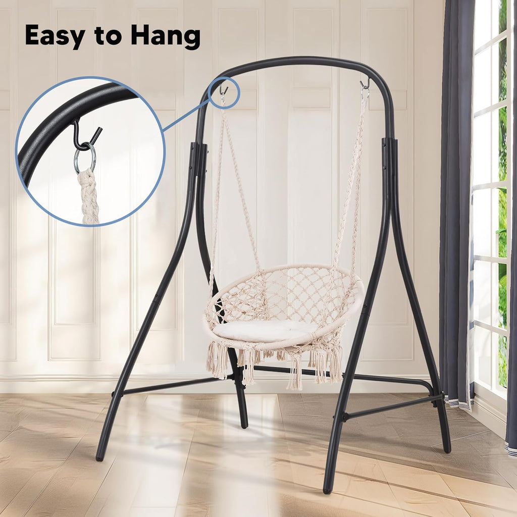 Indoor Hammock Swing Chair with Stand, Hanging Chair Outdoor with Stand, 400 lbs Capacity, Beige