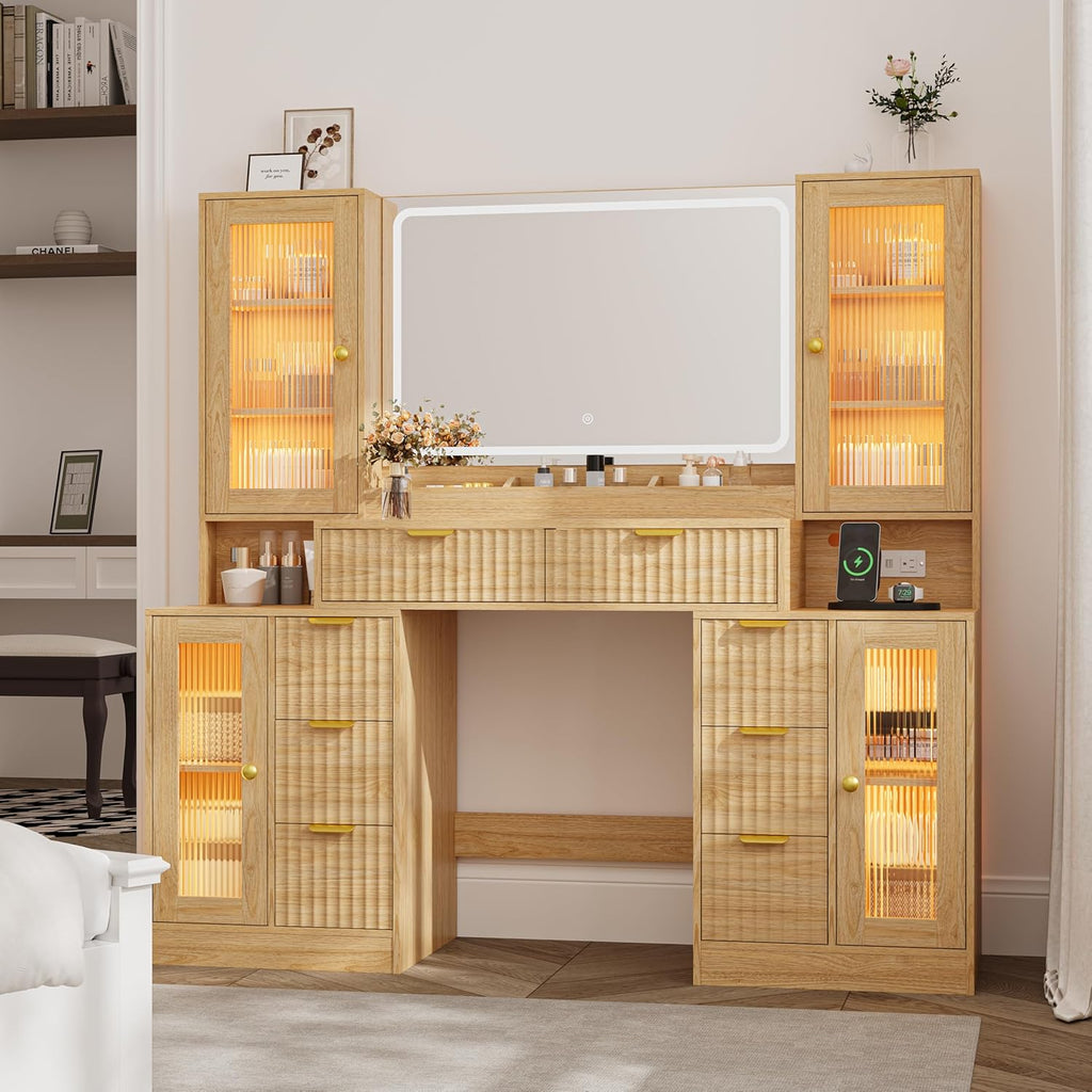Fluted Makeup Vanity Desk with Mirror and Lights, 55" Glass Top Vanity with 8 Drawers & 4 RGB Glass Cabinets