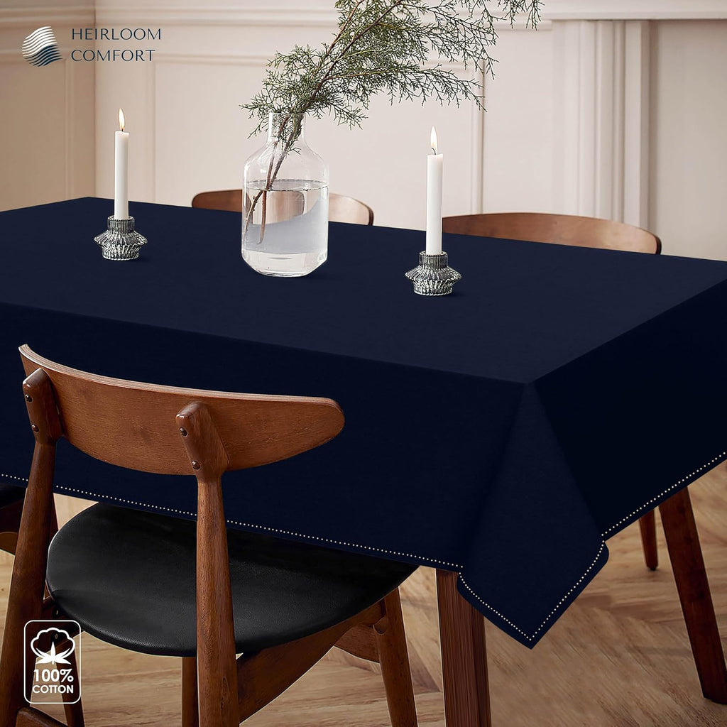 Navy Blue Table Cover, 100% Cotton Tablecloth 60x84 Inch, Fits 6-8 Seats, Soft, Durable, Washable, W