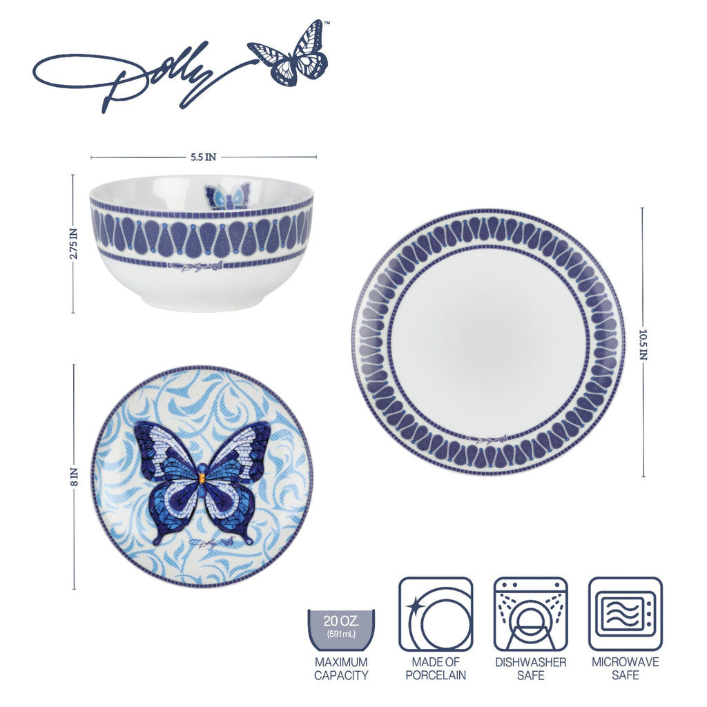 12 Piece Jeweled Mosaic Blue Butterfly Dinnerware Set Porcelain Dinner Plates Salad Plates Bowls, Service for 4