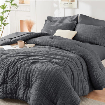Comforter Set Seersucker 7 Pieces, All Season Luxury Bed in a Bag, Bedding Set with Comforters, Sheets