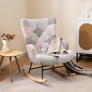 Rocking Chair Nursery, Boucle Upholstered Glider Rocker w/Ergonomic High Backrest, Rubber Wood Legs & Side Pocket