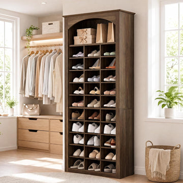 68.7" Tall Shoe Cabinet, 30-Cube Large Capacity Shoe Organizer with Arched Display Shelf, Rustic Entryway Storage for