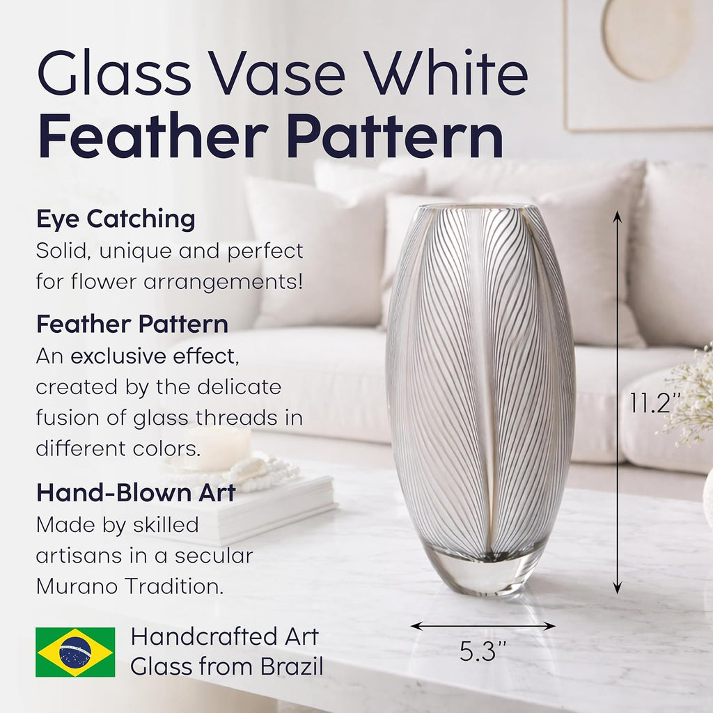 Murano Style Glass Vase Hand Blown White Feather Pattern Effect Home Decor | Hand Blown Glass Vase, Decorative Table