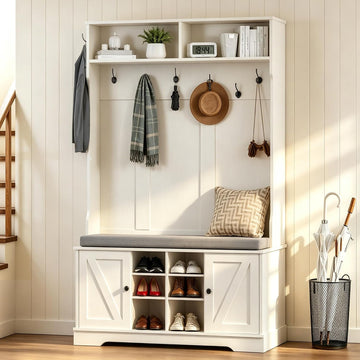 71" Hall Tree with Bench and Shoe Storage, Entryway Hall Tree with 2 Doors and 6 Adjustable Shelves, Cushioned