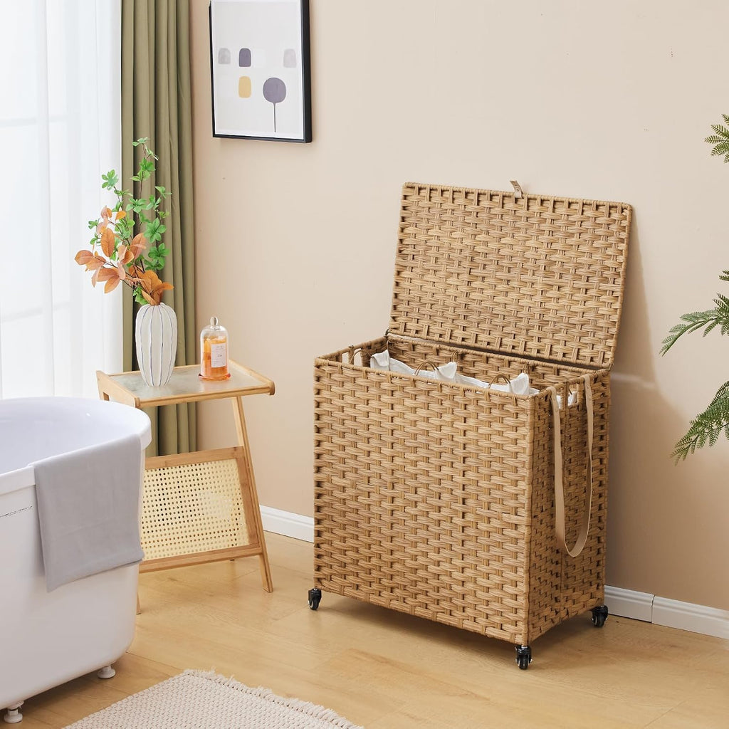 Laundry Hamper with Wheels, 39.6 Gallon(150L) Rolling Laundry Basket with Lid, 3-Section Rattan Clothes Hamper with 3