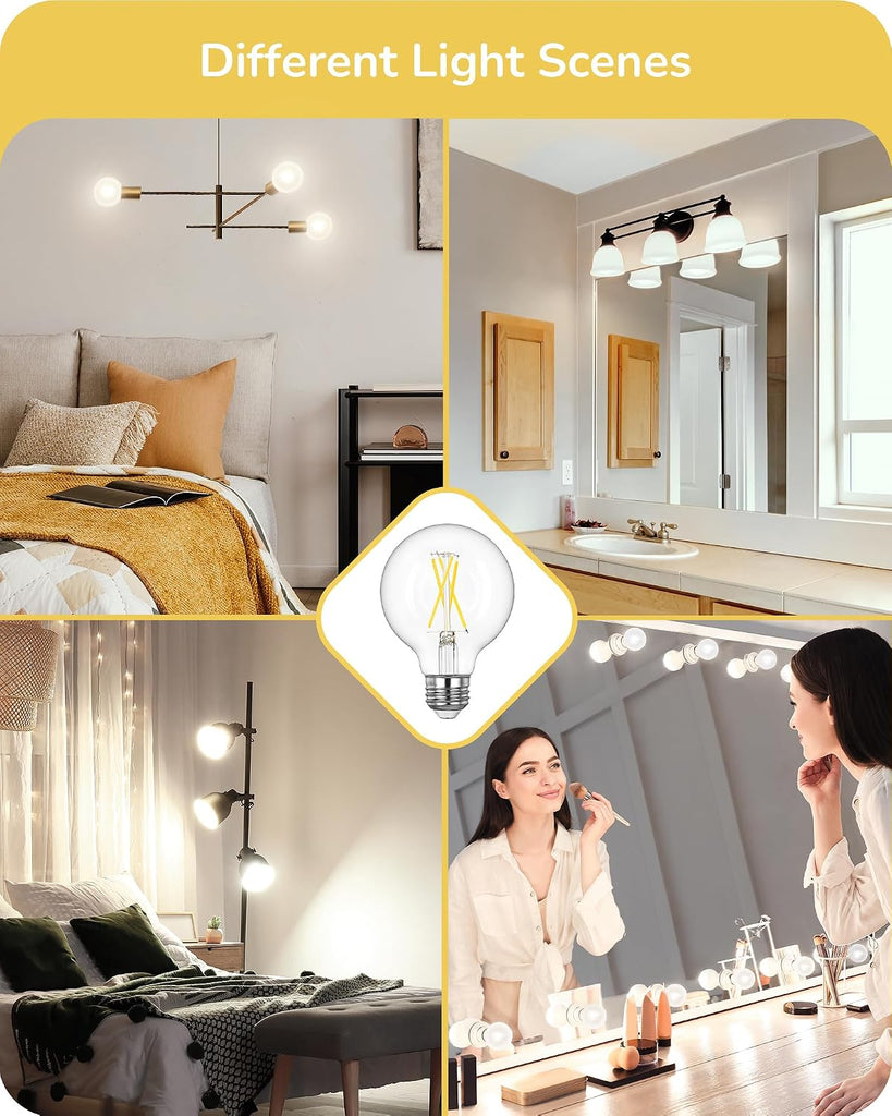 6 Pack G25 Globe Light Bulbs, Dimmable Vintage LED Edison Bulbs, CRI90+ 5W Equivalent 60W, Clear LED Filament Vanity