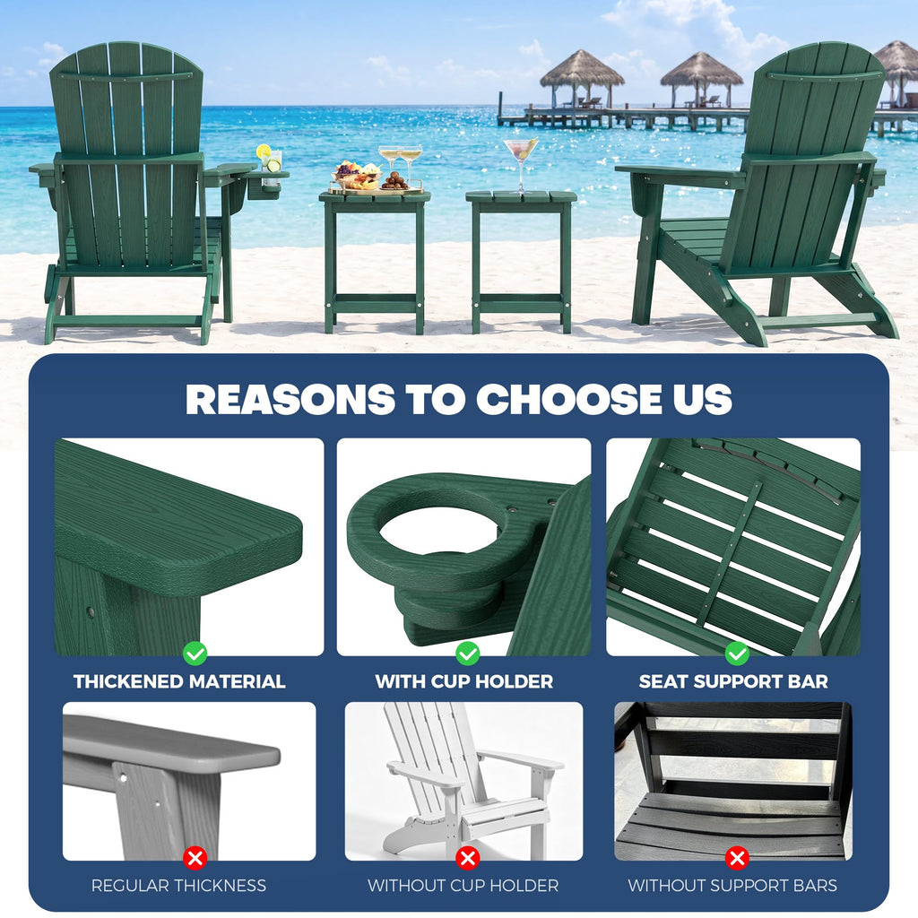 Adirondack Chair Set of 2 with Cup Holders&Table, Green