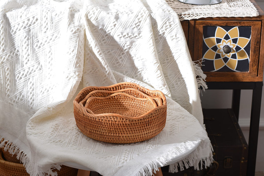 Bread Baskets Round Woven Fruit Bowls Key Holders Stackable for Storage, Snack, Fruit, Vegetable Natural Set of 3