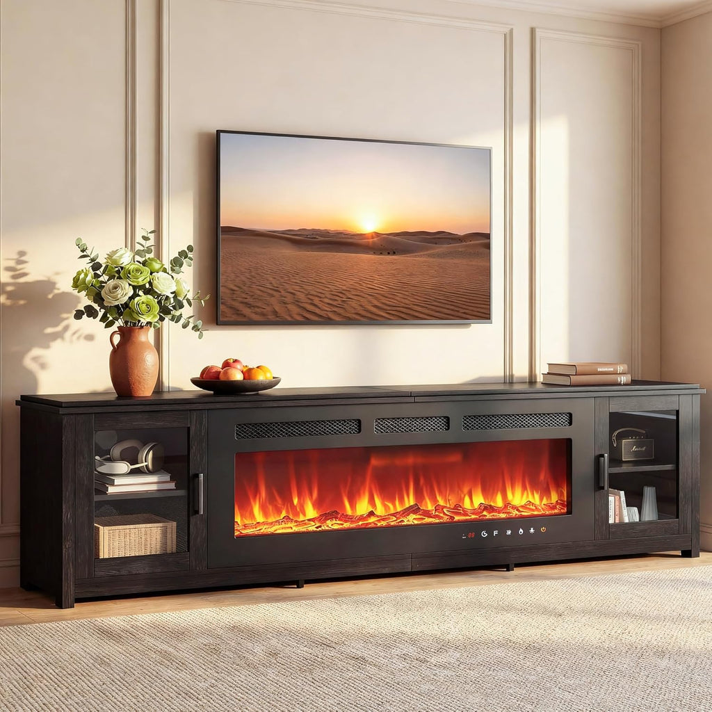 90" Fireplace TV Stand, Modern Entertainment Center with 60 Inch Electric Fireplace, Adjustable Shelf & Glass Door