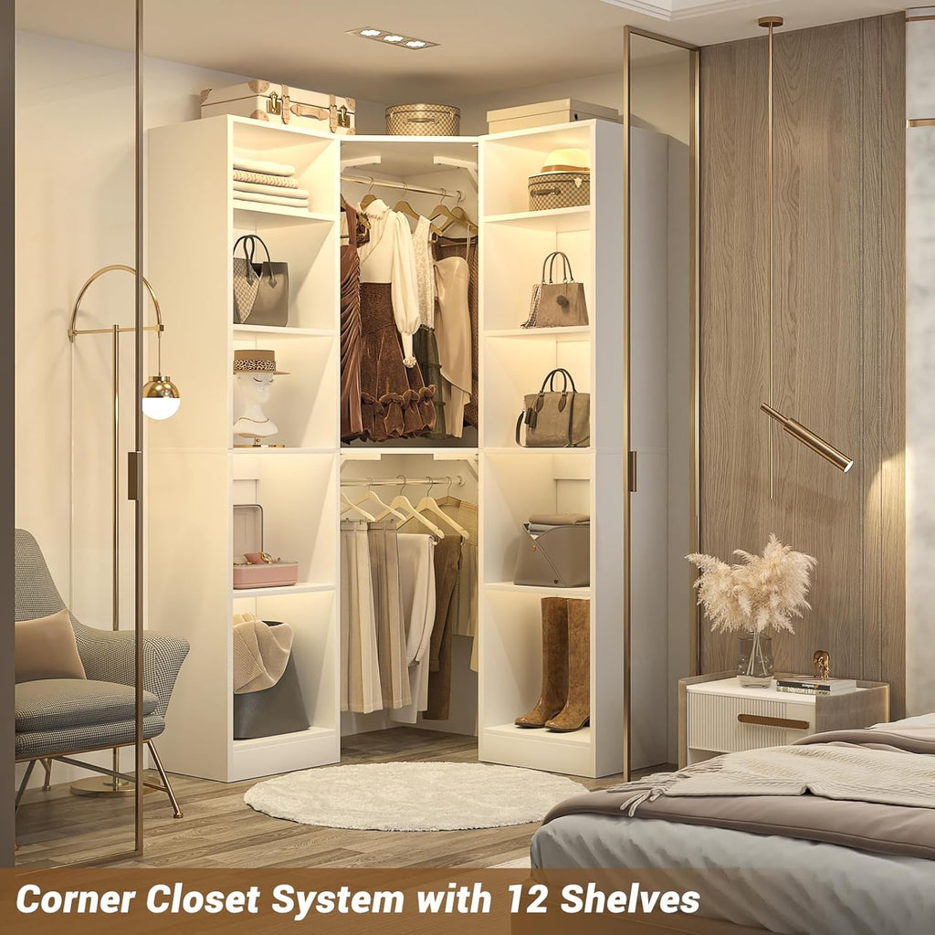 Corner Closet System with 12 Shelves, 39.2" Corner Closet Organizer | Corner Closet Tower with 2 Hanging Rods