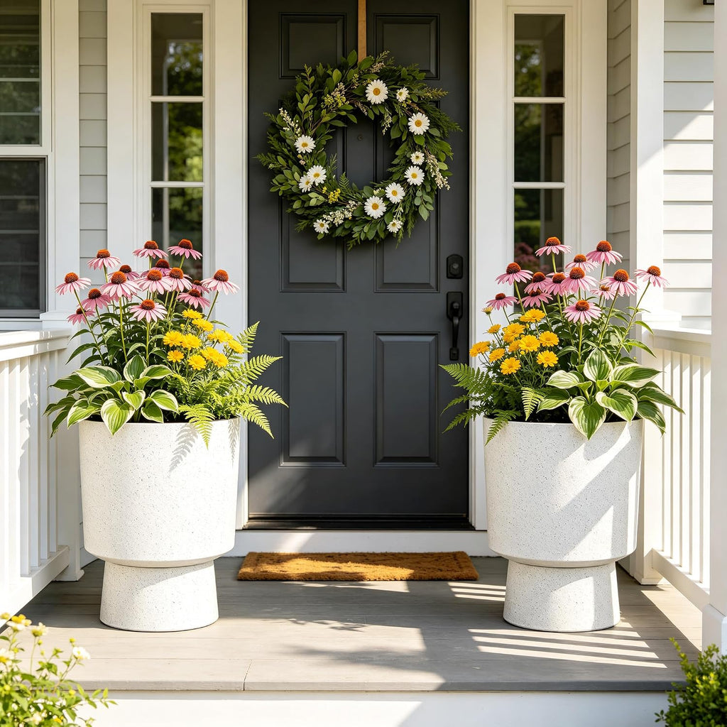 2-Pack 16.75" White Terrazzo Urn Planters with Detachable Bases | Set of 2 PP urn planters with white terrazzo