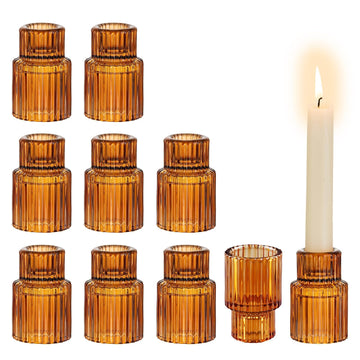 Glass Tapered Candlestick Holders: 10 Pcs Amber Fall Table Decor