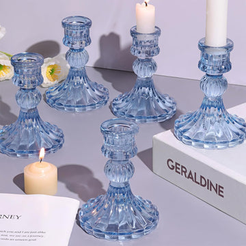 12PCS Blue Candlestick Holders Set- 4" H Taper Candle Holders, Glass Candle Holders Bulk for Wedding, Party, Home