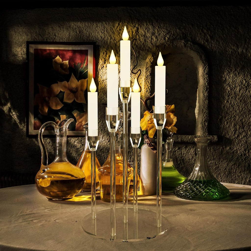 Candelabra Centerpieces for Tables 5 Arm Clear Candle Holder Fit 0.87" LED Pillar Taper Candlestick with Round