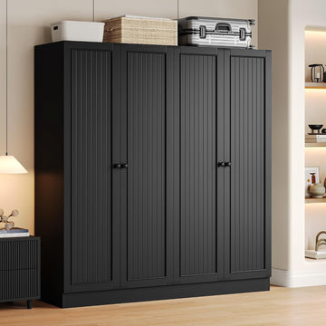 4 Doors Armoire Wardrobe Closet with 2 Drawers, 63" Large Wardrobe Cabinet with Removable Hanging Rods and Adjustable