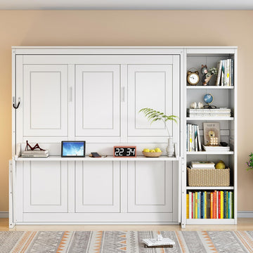 Queen Murphy Bed with Desk and Bookshelf, Space-Saving Design Foldable Wall Bed, Fold into The Wall, Pine Wood