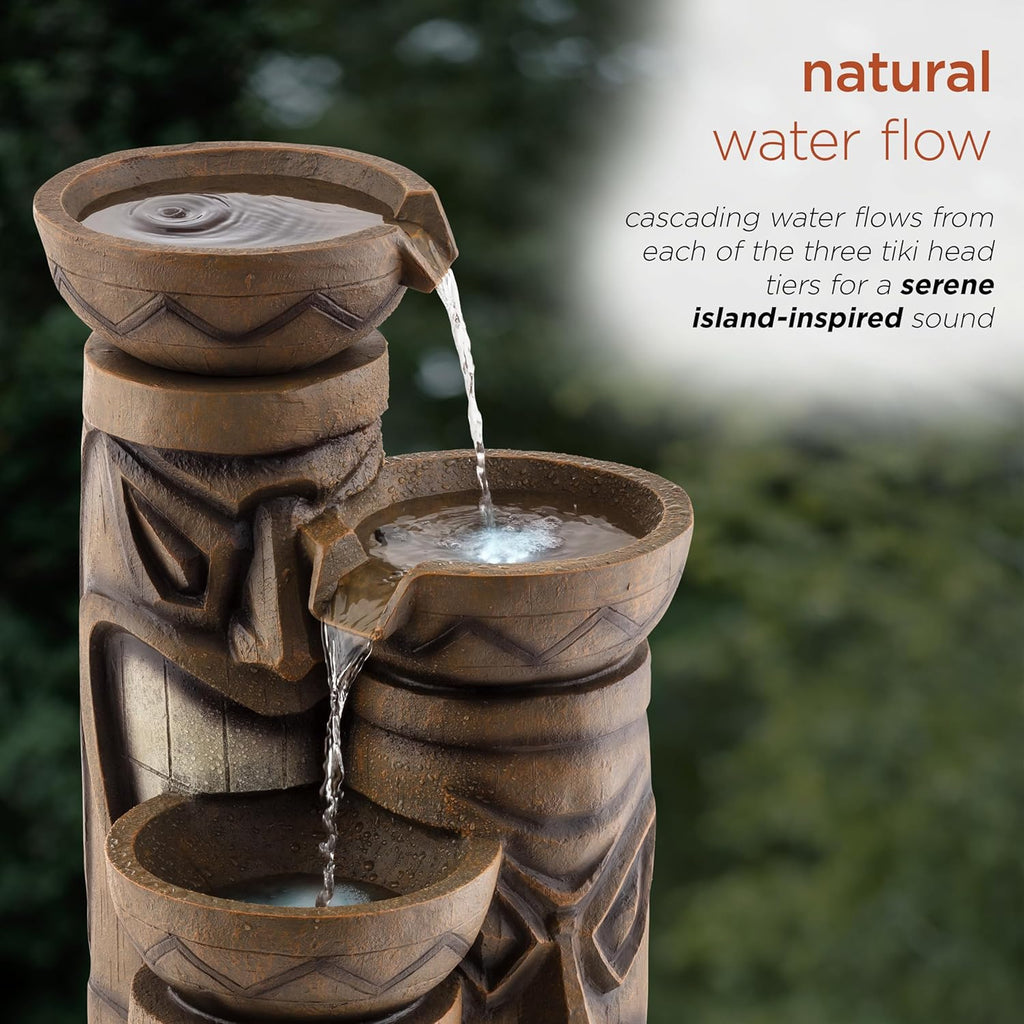 29"H Outdoor 3-Tiered Tiki Head Bowl Waterfall Floor Fountain with Cool White LED Lights, Brown