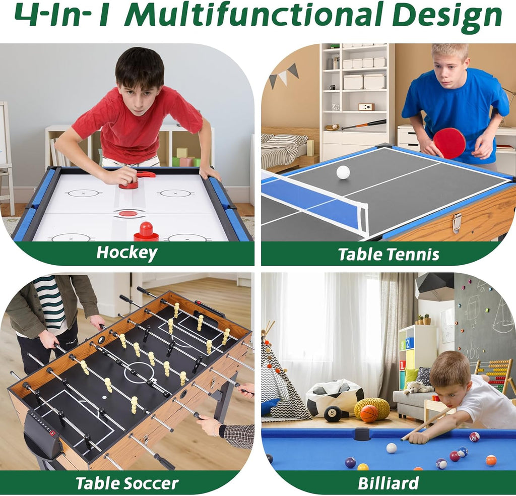 54" 4-in-1 Multi Game Table, Combination Game Table Set, Combo Games Table for Home, Game Room w/Soccer, Billiards