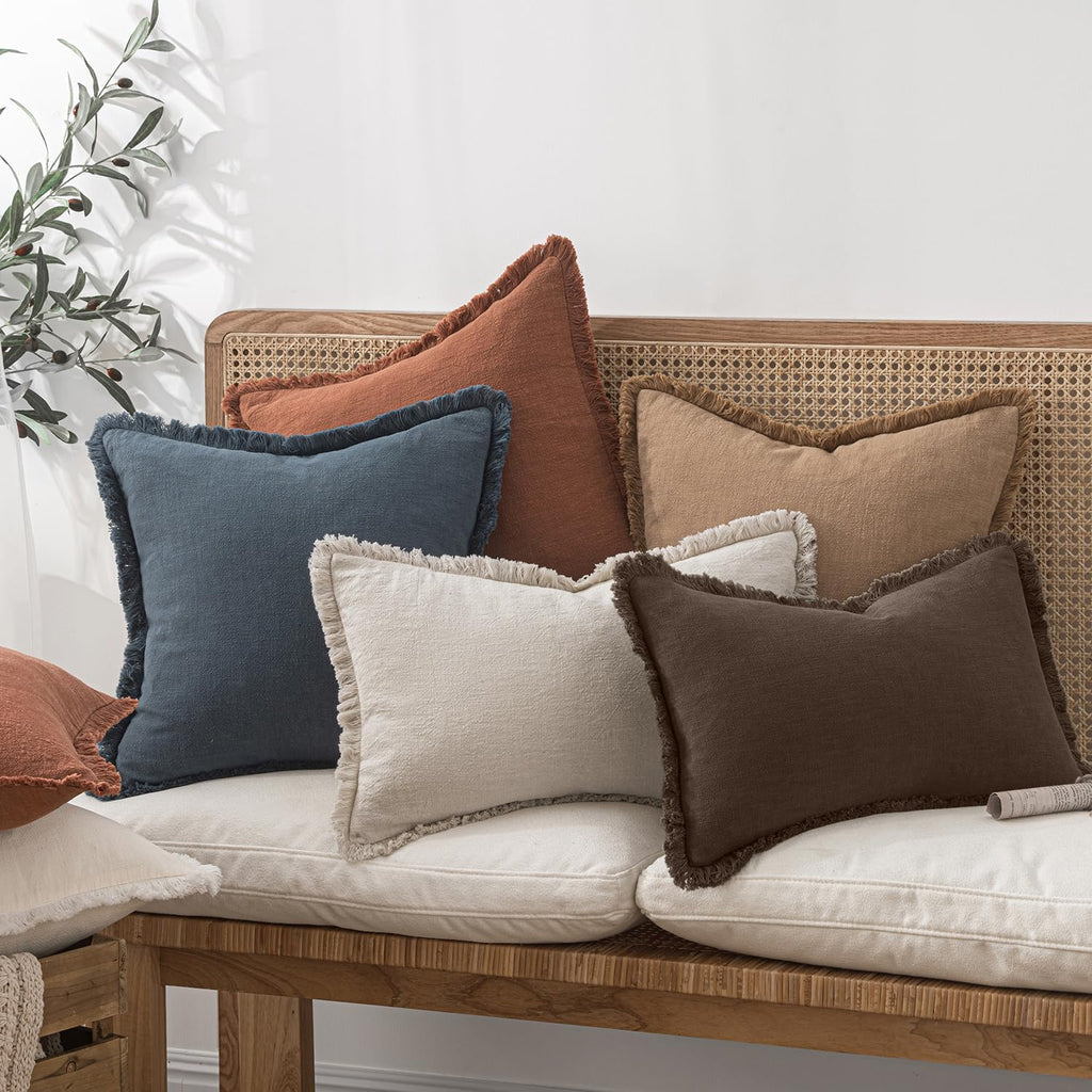 Decorative Lumbar Throw Pillow Covers Neutral Linen Fringe Throw Pillows Set of 2 Reddish Brown Boho Farmhouse