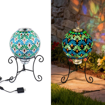 Mosaic Glass Fountain, Floor-Standing Lighted Water Feature with Quiet Pump, Indoor/Outdoor Decorative Accent Lighting