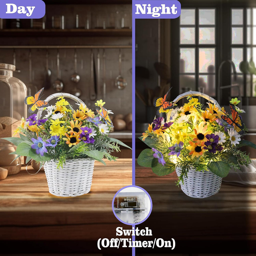 Artificial Flowers in Basket Vase with Lights, Faux Floral Arrangement for Table,Home Kitchen Centerpieces Party Decor