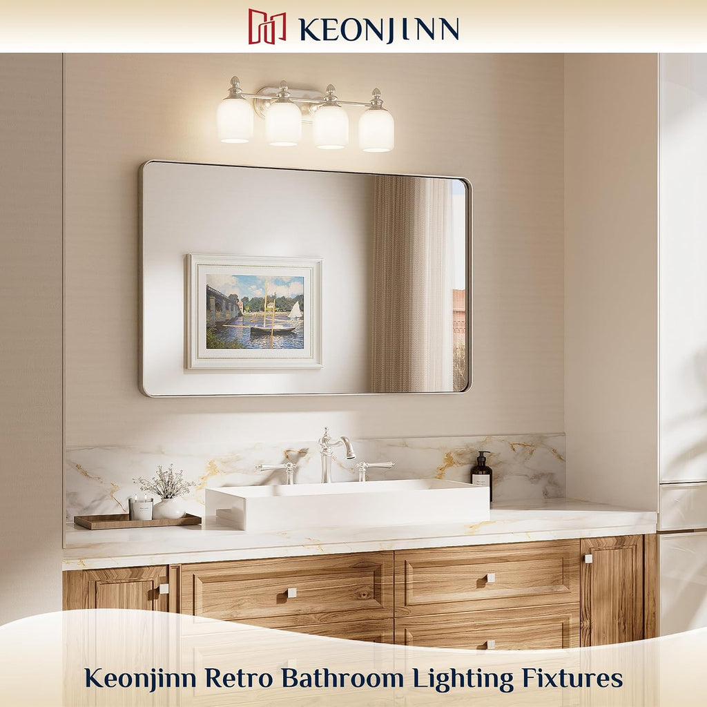 4-Light Brushed Nickel Vintage Bathroom Light Fixtures Over Mirror | 2X Thicker Frosted Glass Shade, UL Listed E26