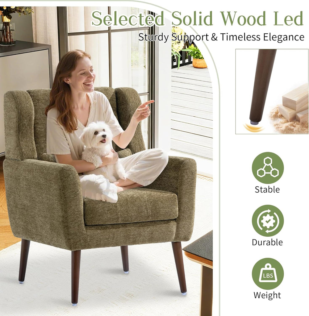 Accent Arm Chairs , Chenille Upholstered Mordern Armchair, Comfy Soft Padded Lounge Chair , Pillow, Solid Wood Leg