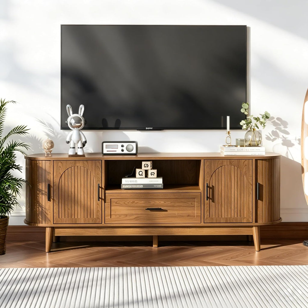 63" Fluted TV Stand for Tvs up to 70", Mid-Century Modern Entertainment Center with Drawers and Fluted Doors, Curved