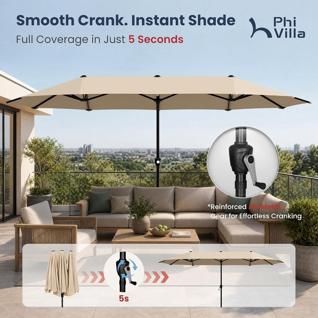 13ft Large Patio Umbrella Double-Sided Twin Outdoor Market Umbrella with Crank, Beige