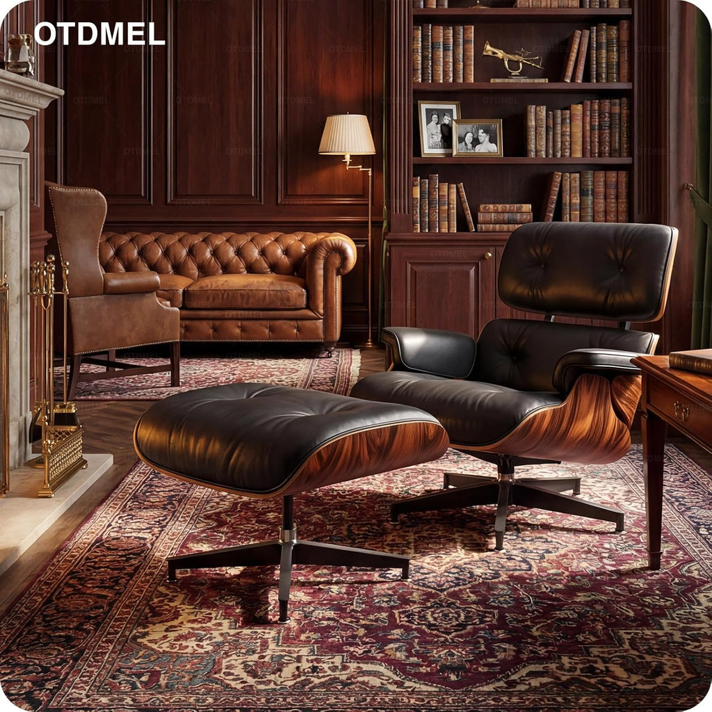Mid-Century Modern Lounge Chair & Ottoman — Black Top-Grain Leather, Rosewood Base, Extended Chaise