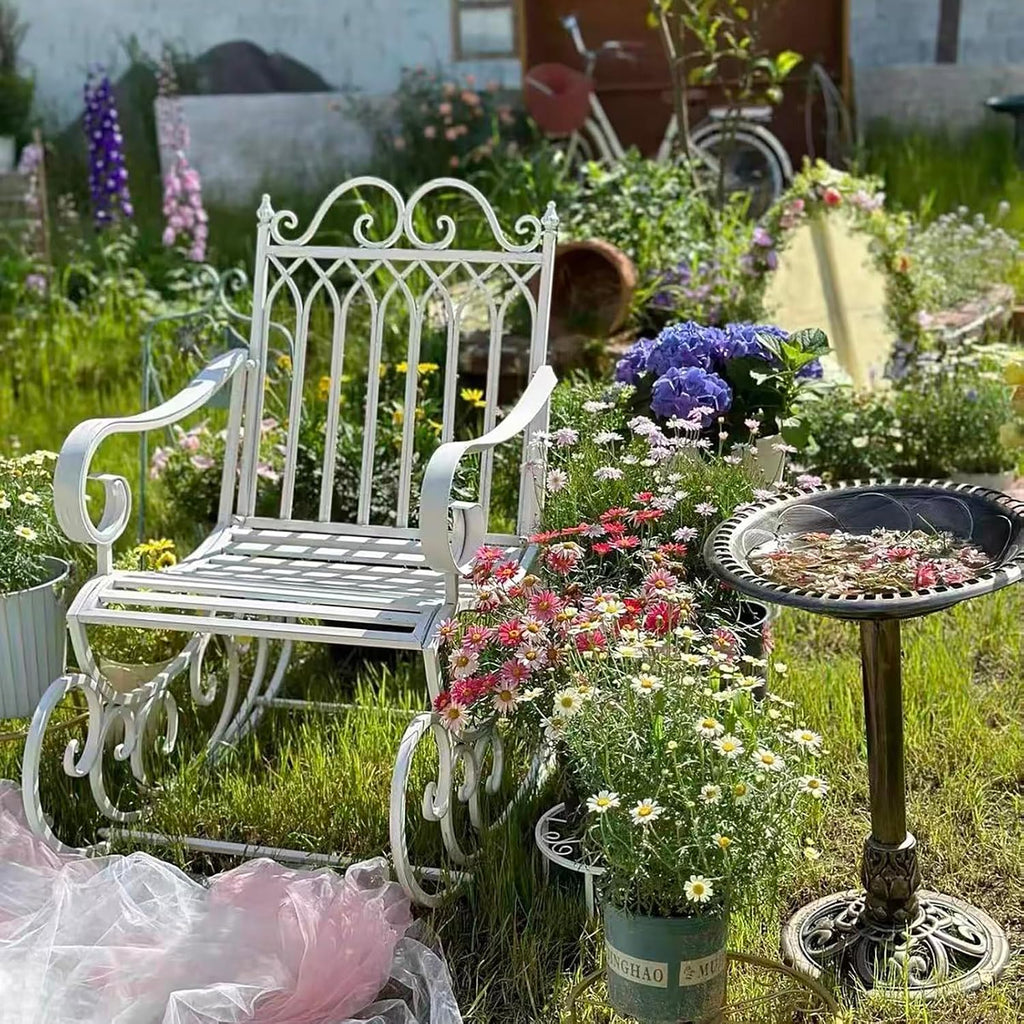 Vintage Wrought Iron Patio Rocking Chair, Ironwork Single and Double Outdoor Garden Benches, Durable Metal Porch