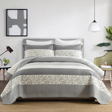 100% Cotton Quilt Set, Cottage Stripe Vine, Grey Cream