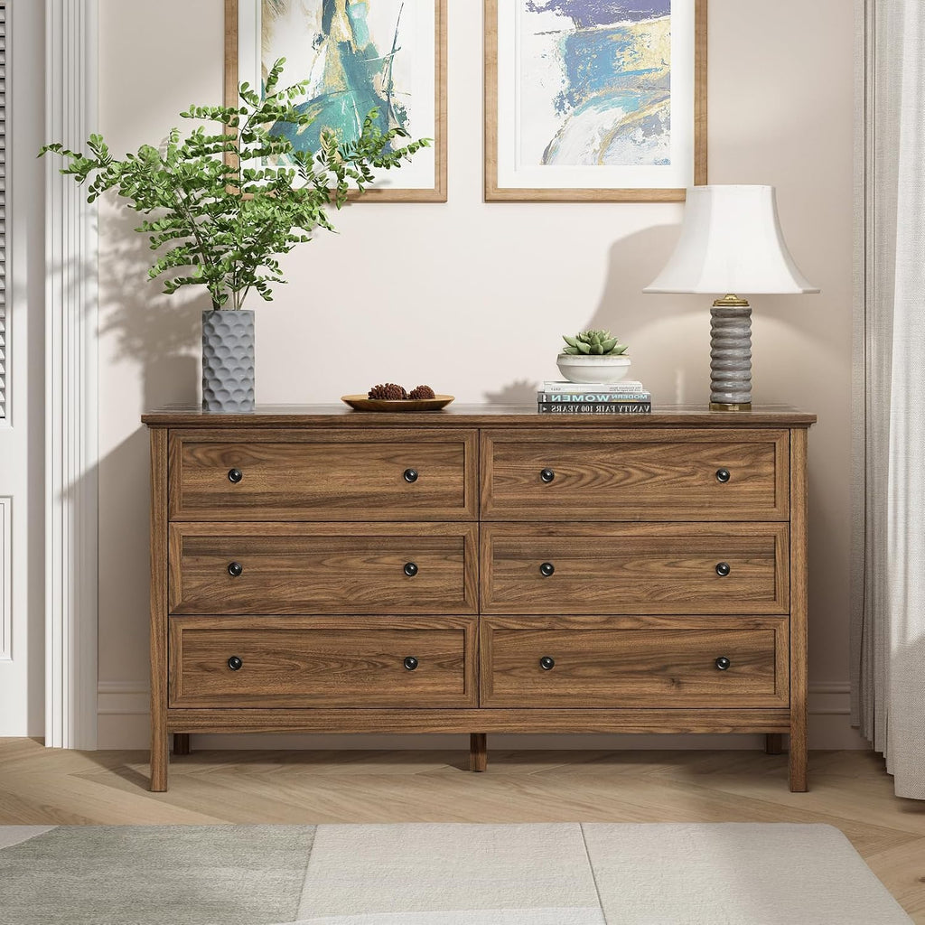 55" Walnut Dresser , 6 Drawer Dresser with Wide Drawer and Metal Handles, Wood Dressers & Chests of Drawers .