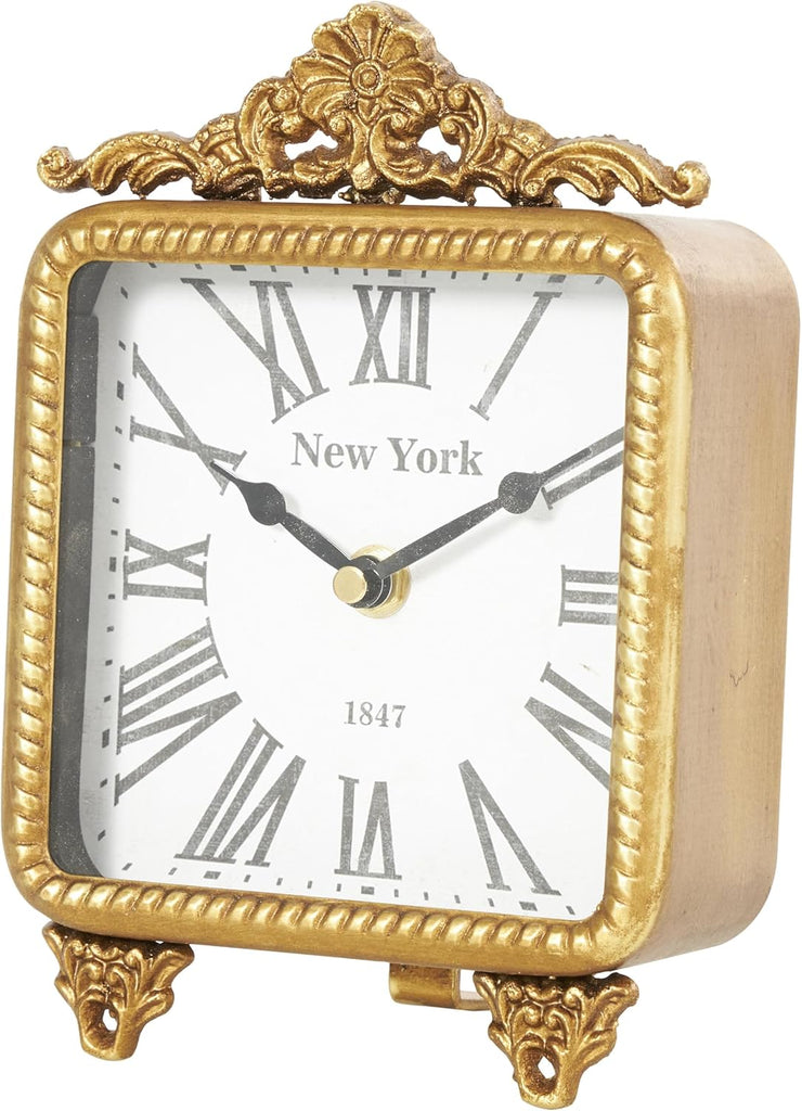 Deco 79 Metal Scroll Decorative Clock Antique Style Mantel Clock, Tabletop Clock 6" x 3" x 8", Gold