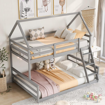 House Floor Bunk Bed with Ladder Twin Over Full,Wood Low Bunk Bed for Kids Juniors