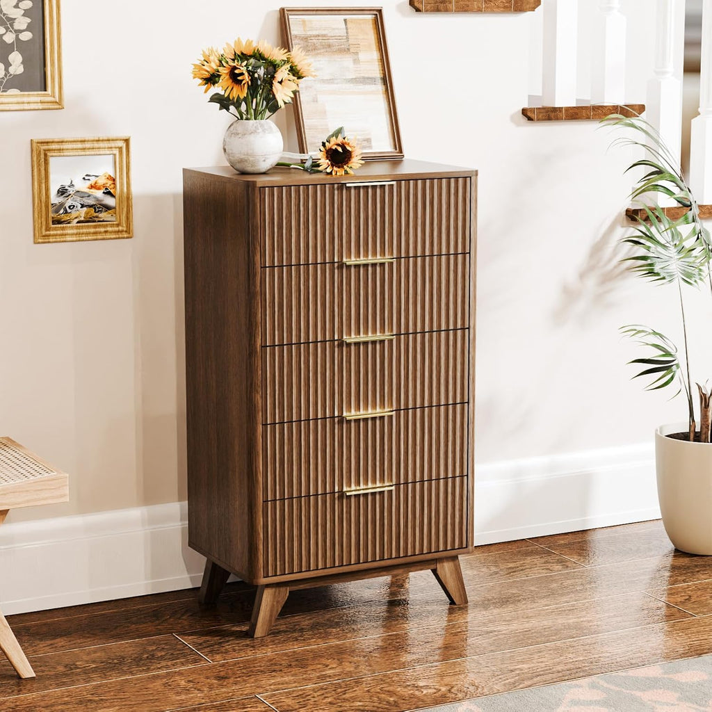 Fluted Tall Dresser 5 Drawer, 23.66" W Chest of Drawers, Walnut Wood Dresser Mid Century Modern with Rounded Edge