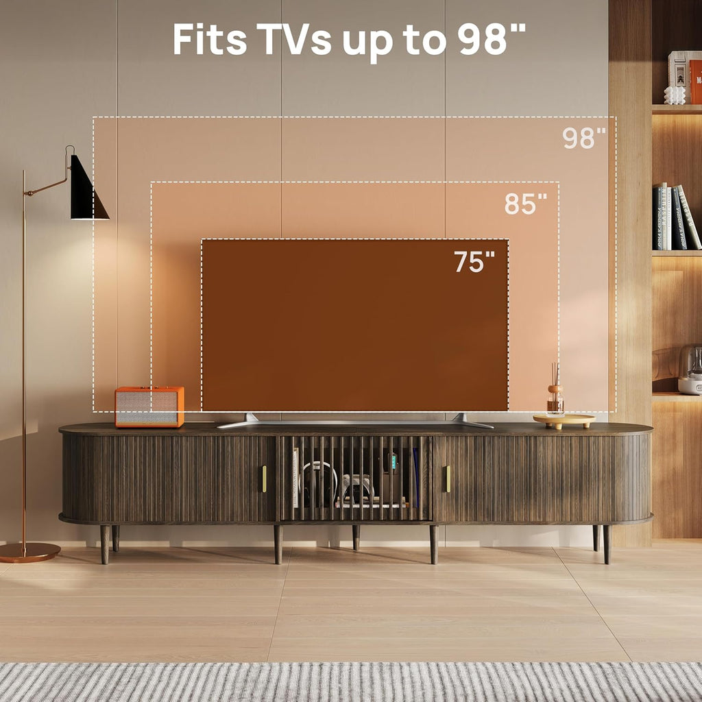 94.5" Fluted Mid Century Modern TV Stand for TVs Up to 80/85/86/90/98/100", Tambour Sliding Doors Entertainment