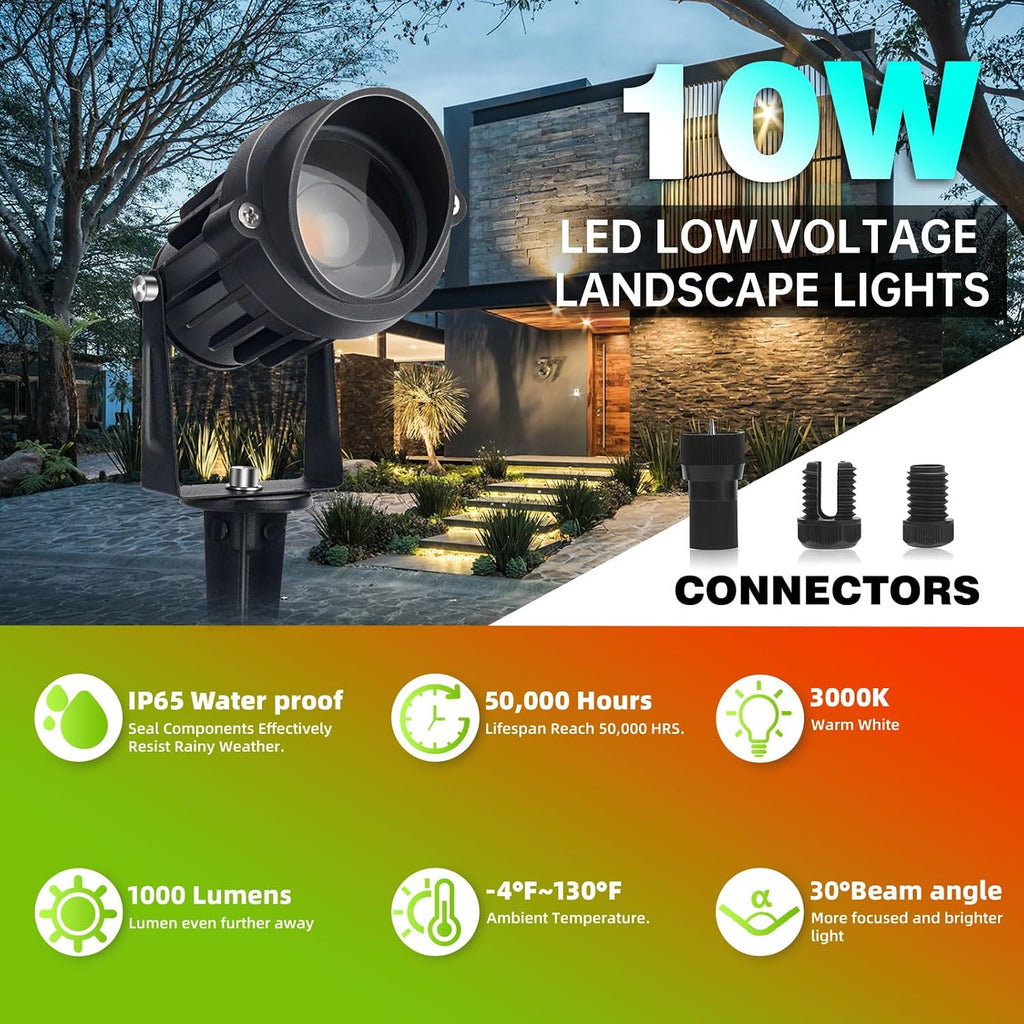 10W Landscape Lighting 12/24V Low Voltage Landscape Lighting LED Outdoor Spotlights 1000LM Waterproof Garden Uplights