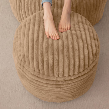 Round Stuffed Pouf Ottoman, Stripe Faux Fur Poufs with Foam Chunk Filling, Furry and Fluffy Pouf Foot Stool Storage