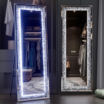 61"×22" LED Full-Length Mirror Crystal Crush Diamond, Wall Mounted Diamond Mirror Leaning Bedroom Dimming & 3 Color
